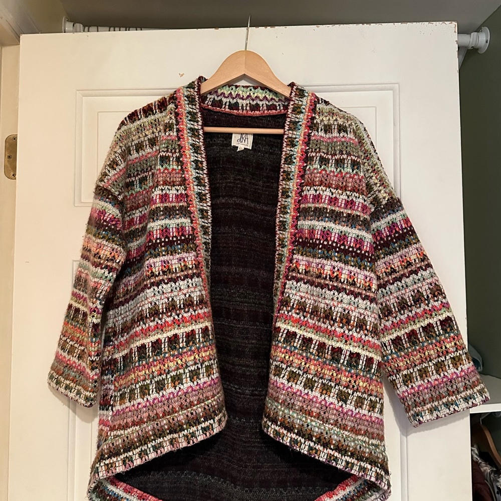 Anthropologie Red and Pink Fair Isle Cardigan Sweater